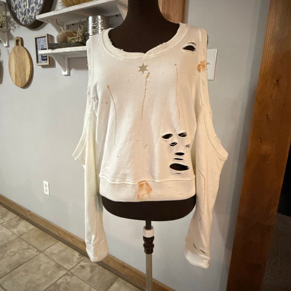 SMFK crewneck sweatshirt size small thrashed trashed cream color destroyed paint